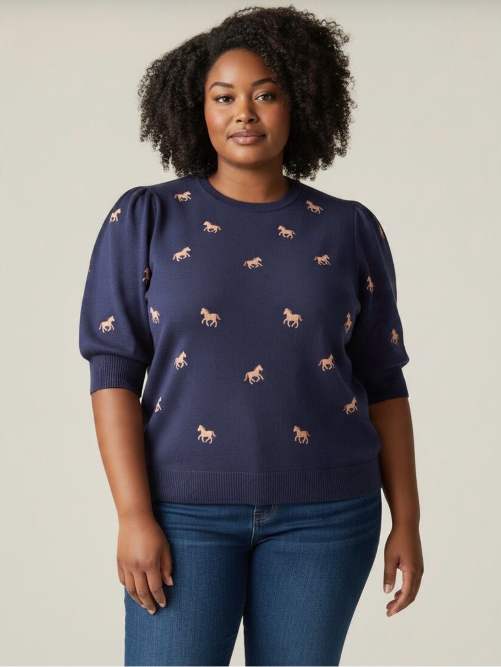 ANTHROPOLOGIE CALLIGRAPHIE RICH NAVY PUFF Short Sleeve Sweater Brown Horse SZ 3X